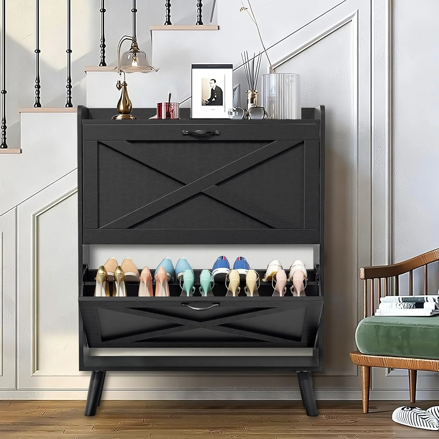 20 Pairs Shoe Storage Cabinet Wood Shoe Shoe Racks Organizer Boxes with 2 Flip Drawers for Entryway