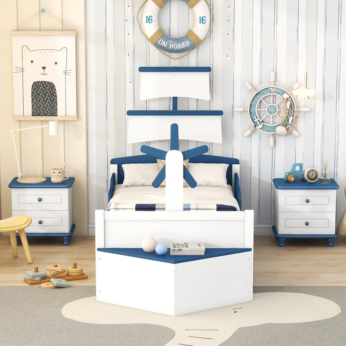3-Pieces Bedroom Sets,Twin Size Boat-Shaped Platform Bed with Trundle and Two Nightstands,White+Blue