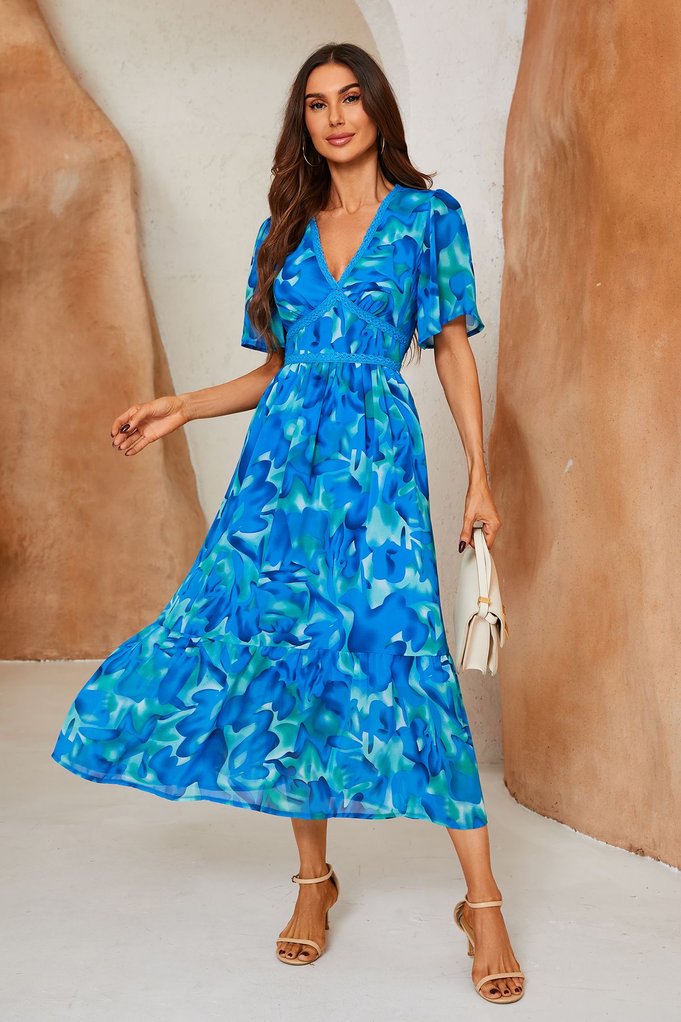 FS Collection Abstract Floral Print Lace Detail Angel Sleeve Maxi Dress