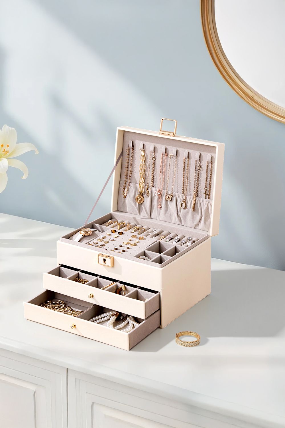 SHEONLY PU Leather Jewellery Box with Mechanism Key Lock