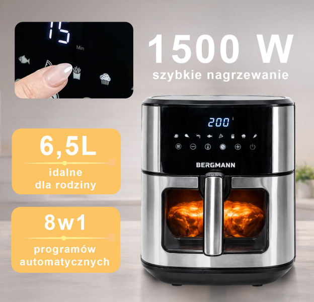 Frytkownica Beztłuszczowa 6,5L BERGMANN AirFryer 1500W 8 Programów