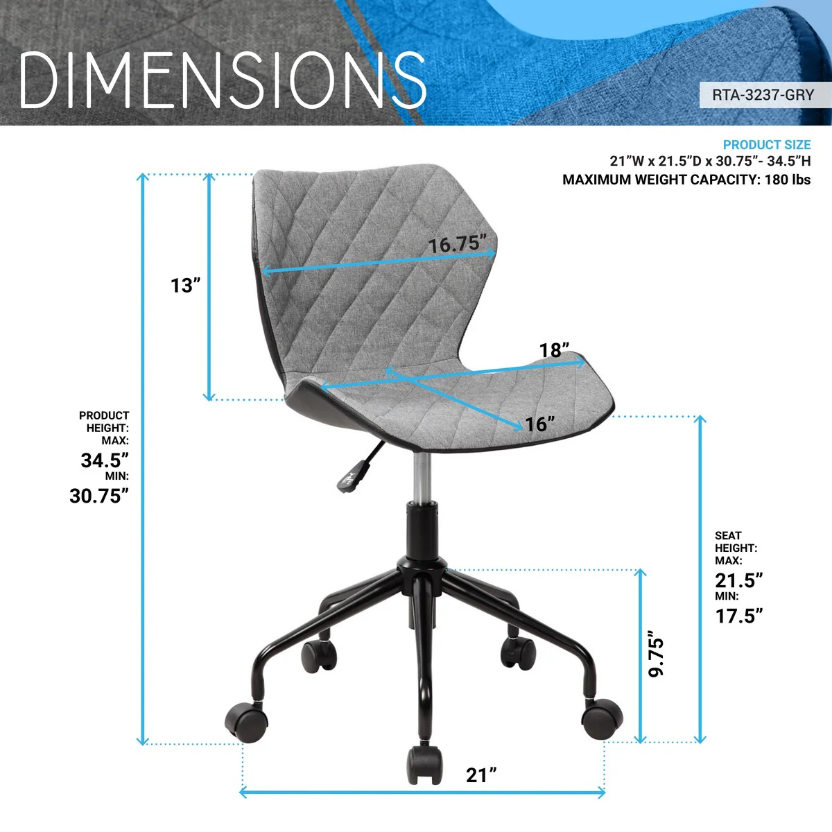 Pneumatic Adjustable Seat Height 360 Degree Swivel Deluxe Modern Office Armless Task Chair with Non-marking Nylon Casters