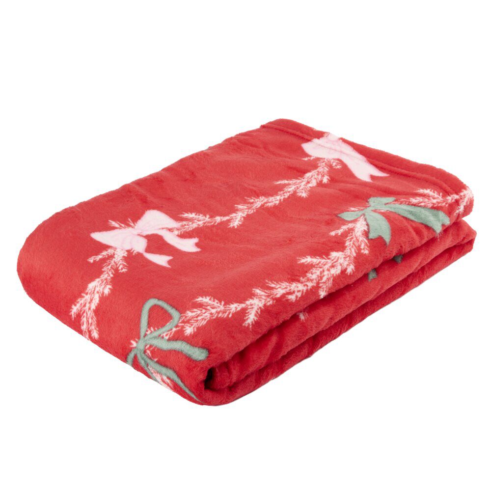 Plaid No&euml;l imprimé guirlande No&euml;l polyester L160X130 cm rouge