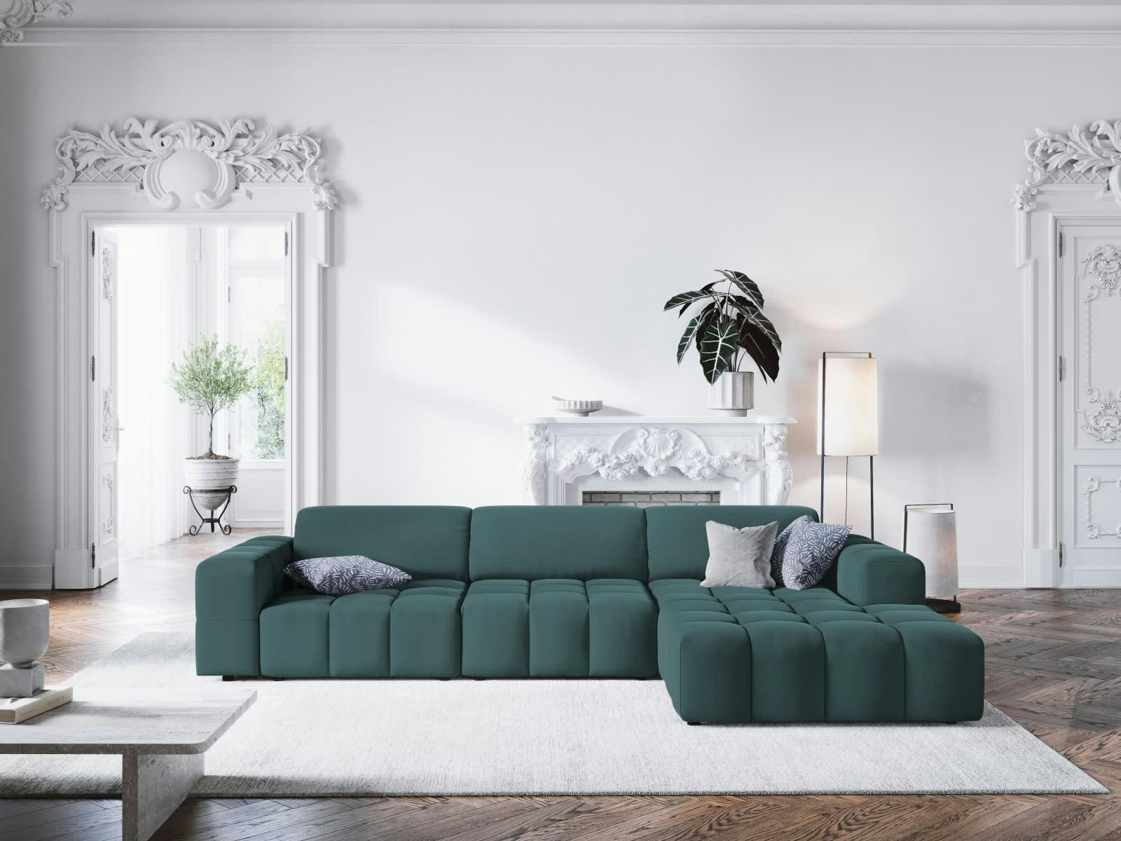 LUC - Canapé d'angle droit 4 places en tissu velours pétrole