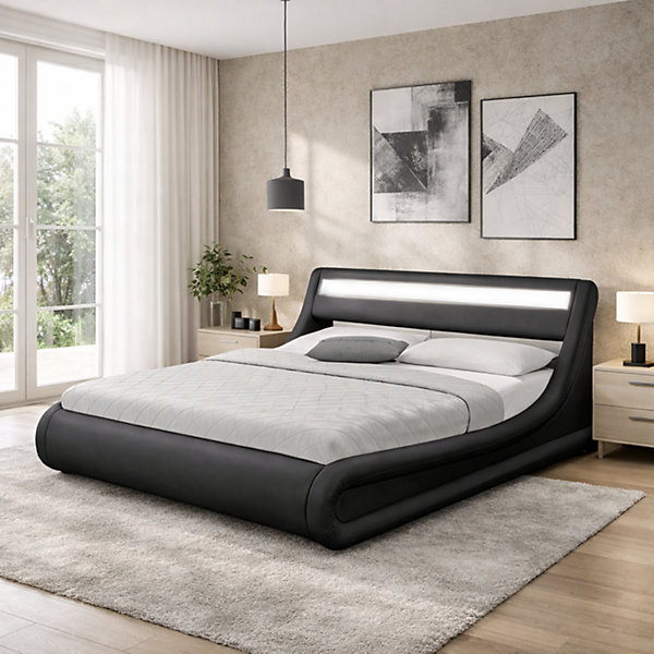 Lit coffre avec LED 140 x 190 cm noir - PORTLAND