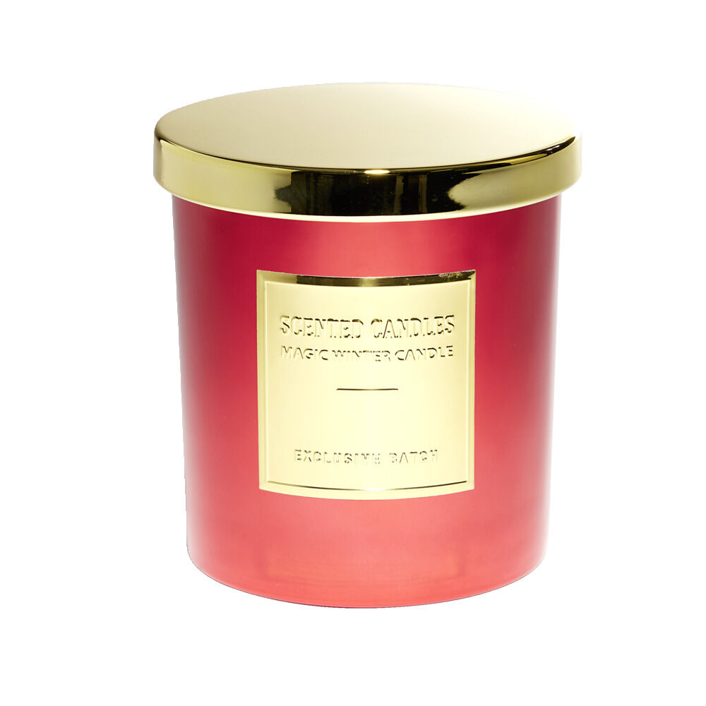 Bougie ronde avec couvercle dans verre métallisé rouge H9cm