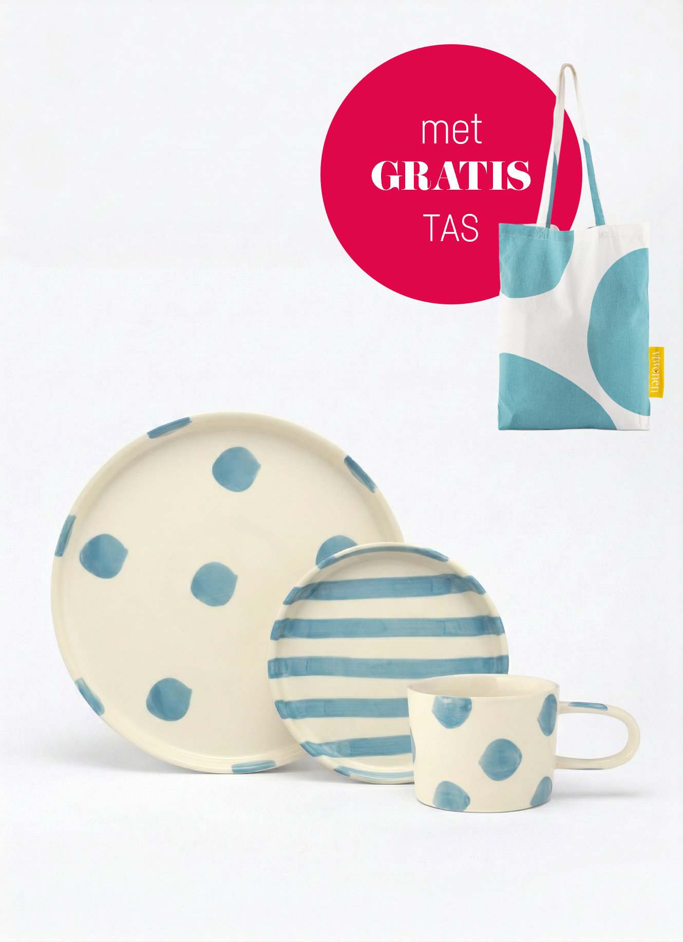 vtwonen - Serviesset - Gebaksbord, Ontbijtbord en Mok - Stippen - Blauw - Keramiek - Set van 3