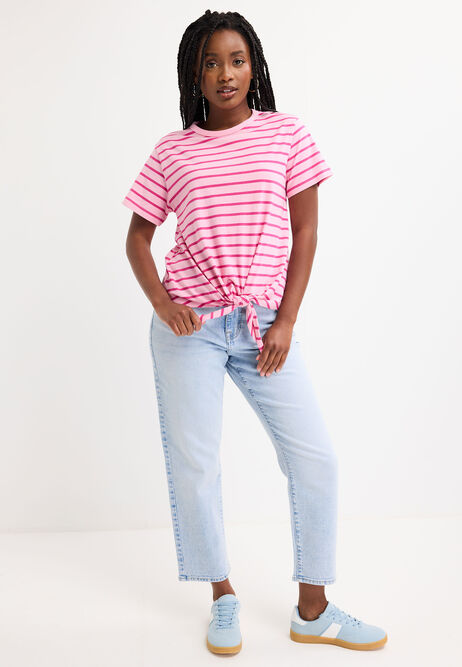 Womens Pink Stripe Cotton Front Knot T-Shirt