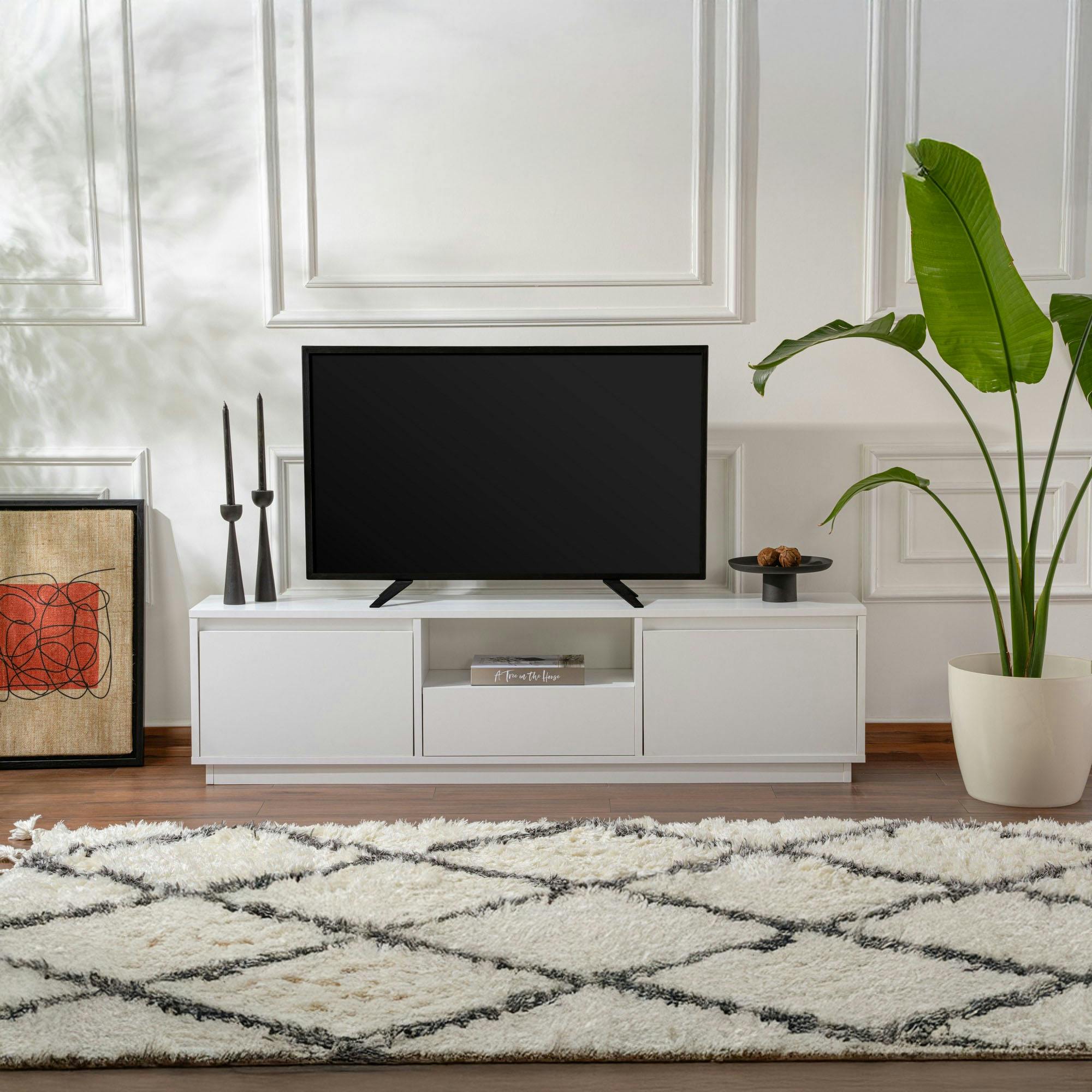 Meuble TV blanc avec rangement - effet laque MARFA