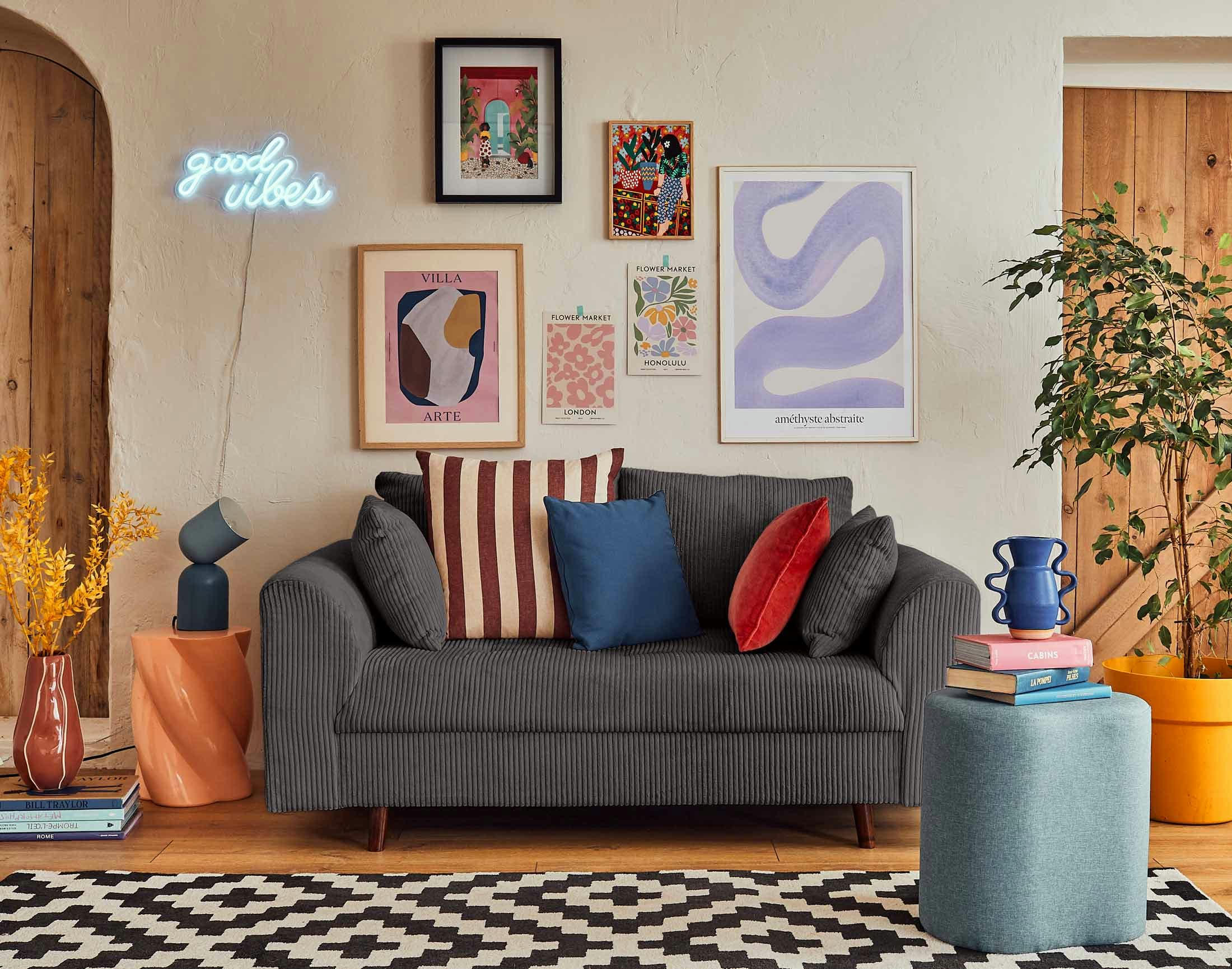 RUNE - Canapé droit 2 places en velours côtelé gris foncé