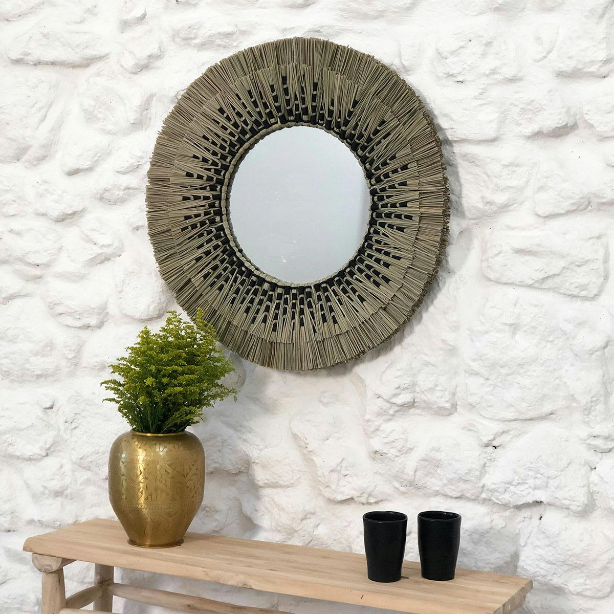 - Miroir rond en paille de mendong -60.000x3.500 cm - Beige - Fibres
