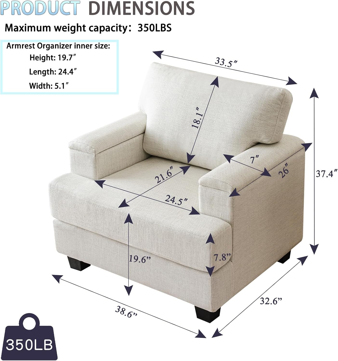 Oversized Accent Chair with Armrest Organizer,Comfy Living Room Chairs with 7.8'' Cushion,Upholstered Mid-Century Armchair,Large Reading Chair for Bedroom Living Room,Office,Chenille