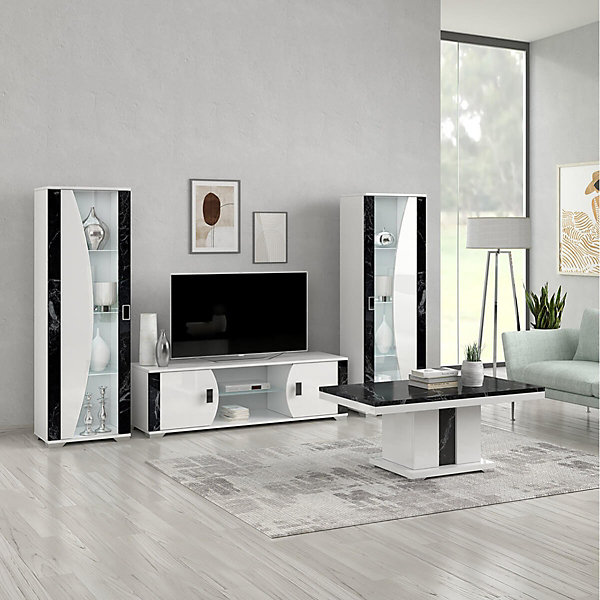ARIANE - Vitrine 1 Porte Blanc Eclairage Led intégré avec Décor Latéral Aspect Marbre Noir