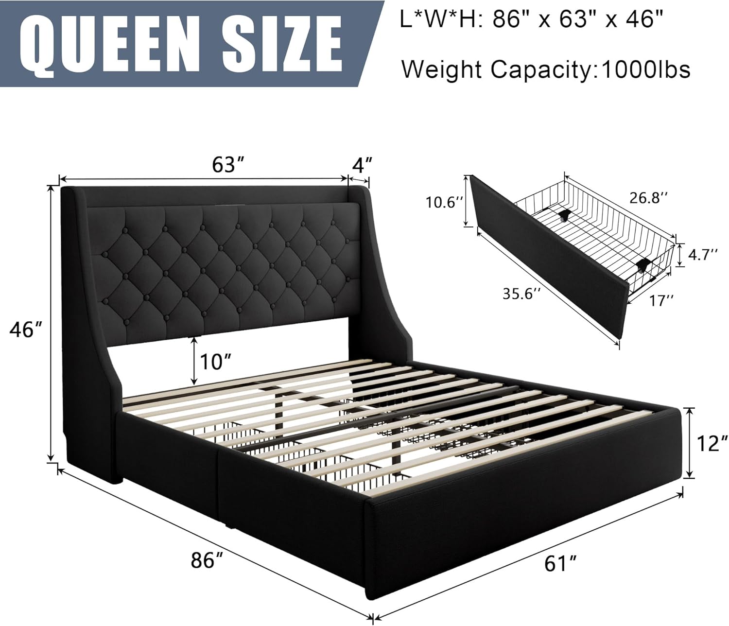 Queen Size Upholstered Platform Bed Frame with 4 Storage Drawers and Charging Station, Linen Button Tufted Wingback Headboard, Sturdy Wooden Support Slats, No Box Spring Needed, Black