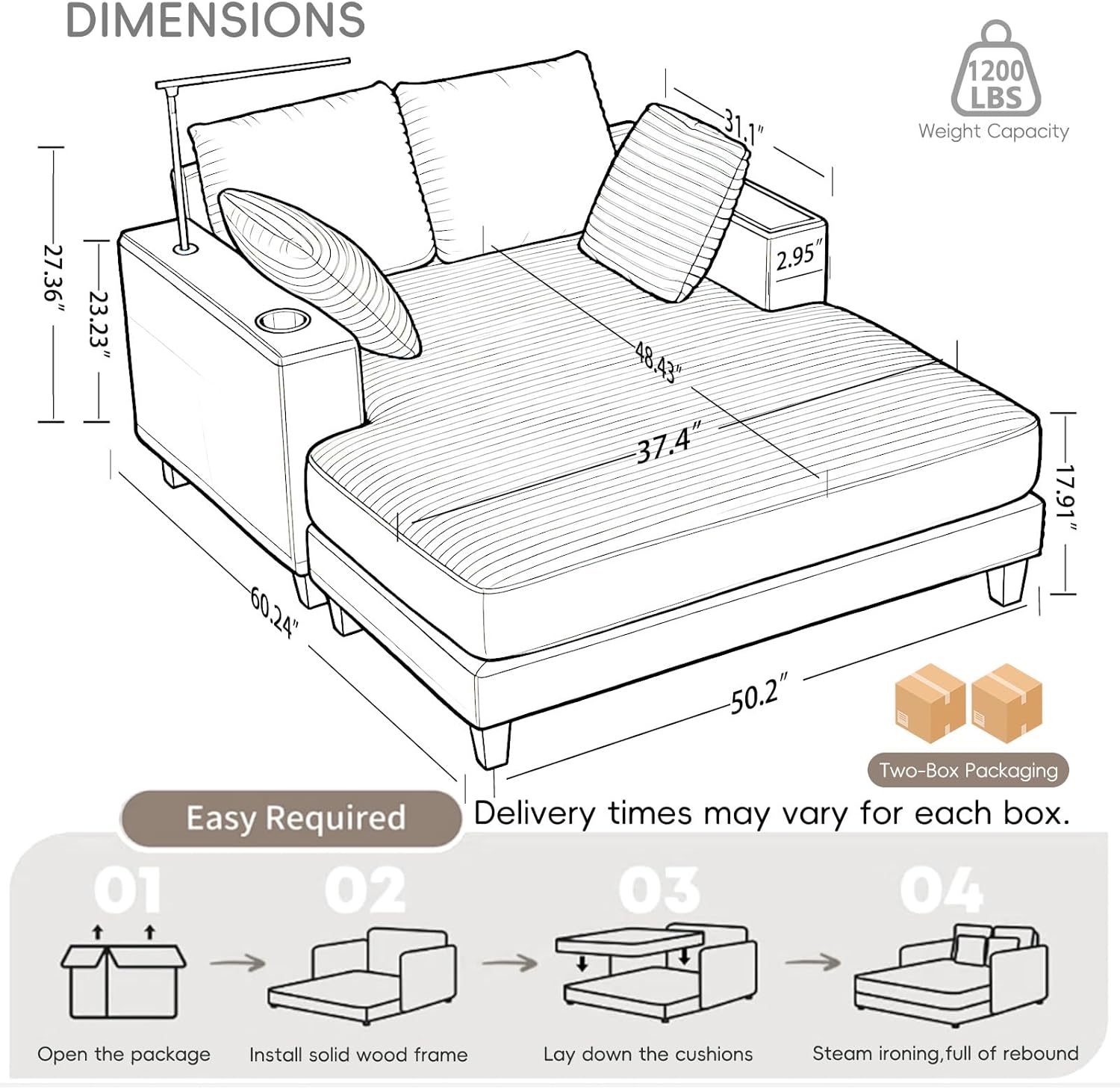 AEDI 60 Chaise Lounge Chair, Sofa Bed with Adjustable Reading Light, USB & Type-C Charging, Wood Tray & Cup Holder (Velvet Corduroy, Beige)