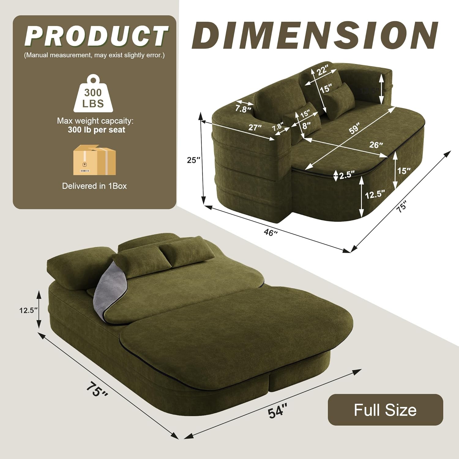 75'' Folding Sleeper Sofa Bed, Convertible Memory Foam Boneless Couch, Foldable Full Size Guest Bed, Modern 2-in-1 Futon Floor Sleeper Sofa with 4 Pillows and Blanket (Chenille, Green1)