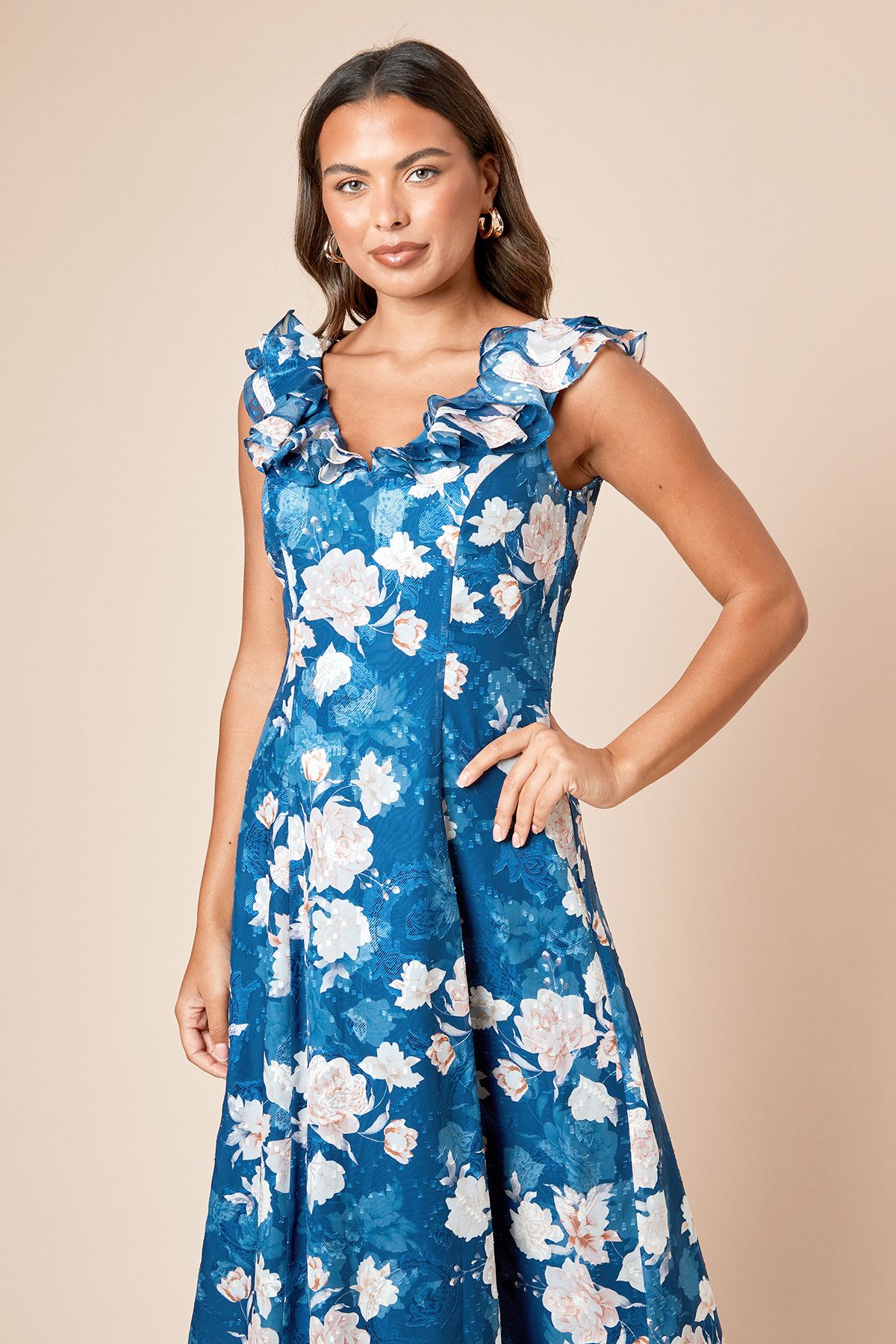 Dorothy Perkins DP Luxe Blue Floral Printed Jacquard Chiffon Ruffle Front Sleeveless Midi Dress