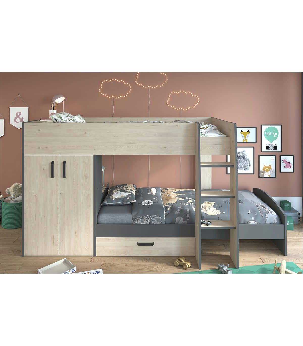 KURT - Lits superposés décor chêne et gris avec rangements - 90x200 cm