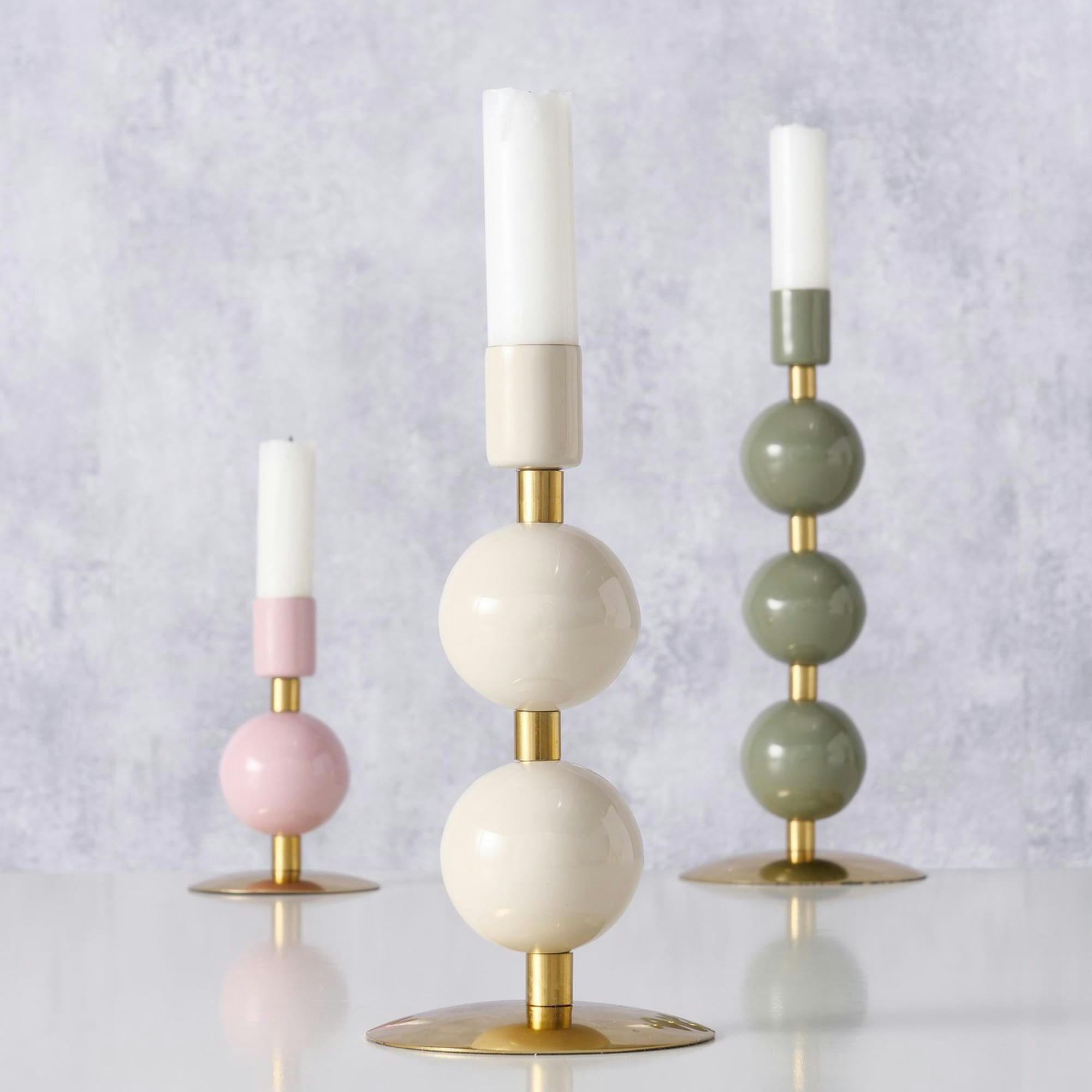 - Set de 3 bougeoirs design en fer émaillé vert, rose et blanc