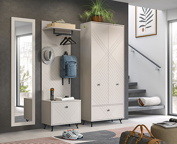 Kai - Combinaison de vestiaires (L/H/P : 215x190x35 cm) en mélaminé beige sable et embouti mat beige sable