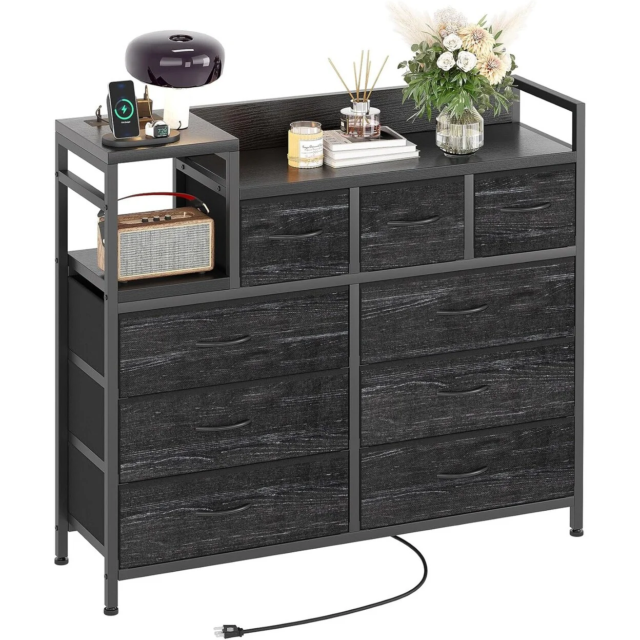 Bedroom Dresser with 9 Drawers Tv Stand with Charging Stand Modern Fabric Chest of Drawers