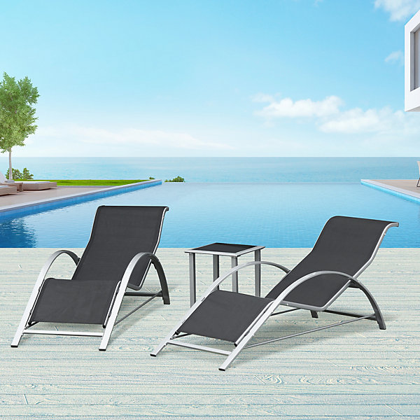 Lot de 2 bains de soleil design contemporain table basse plateau verre trempé métal époxy textilène gris foncé