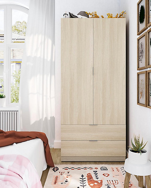 Armoire avec 2 tiroirs imitation chêne - 180 x 81 x 52 cm