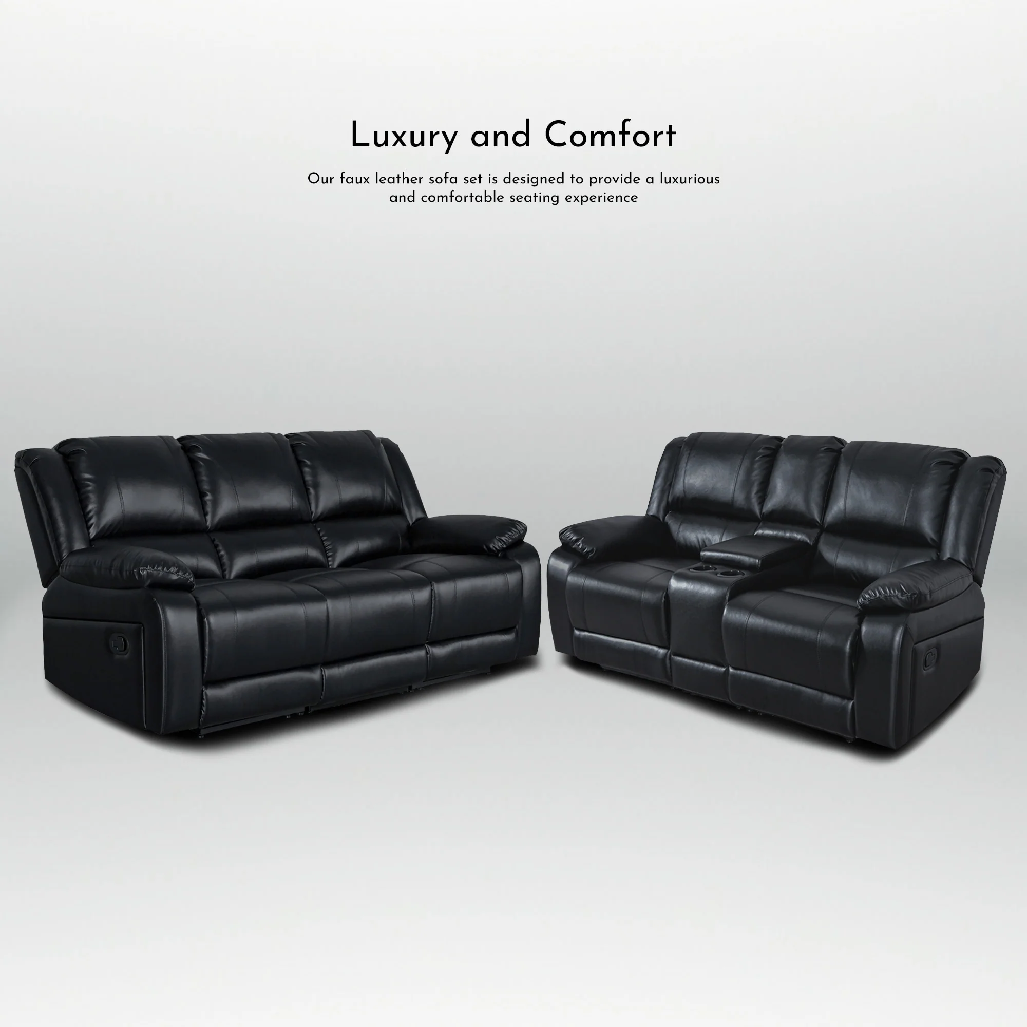 2-Piece Classic Faux Leather Manual Reclining Living Room Sofa Set with Console and Cup Holders