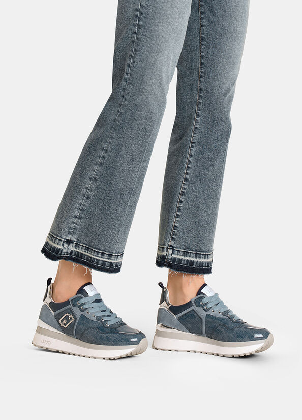 Sneakers platform in glossy denim