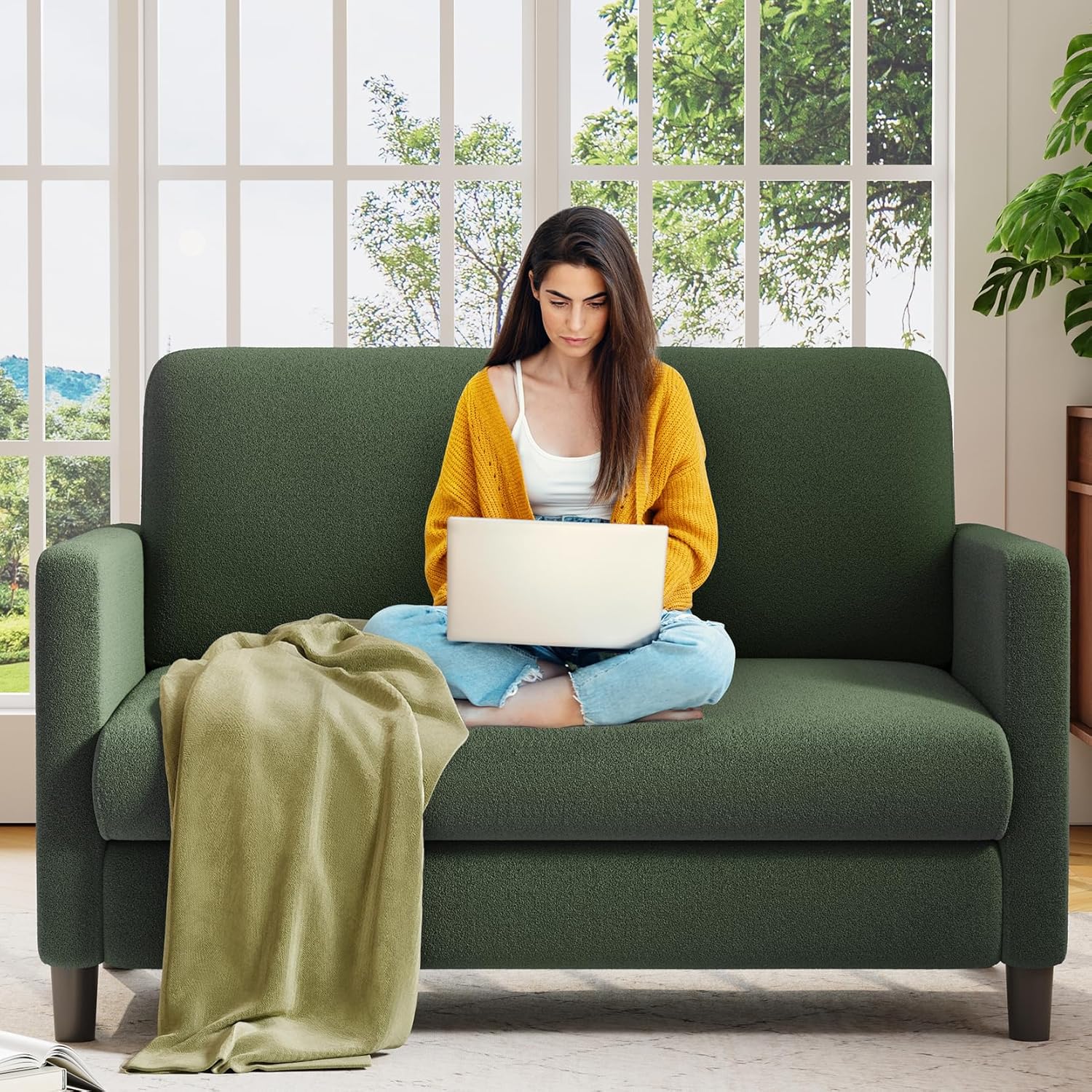 Welzona Loveseat, 51 Small Couch, Comfy Teddy Love Seat for Living Room, Tool-Free Setup Loveseat Sofa for Small Spaces, All-Wood Small Sofa Couch for Bedroom, No Pillow Included, Green