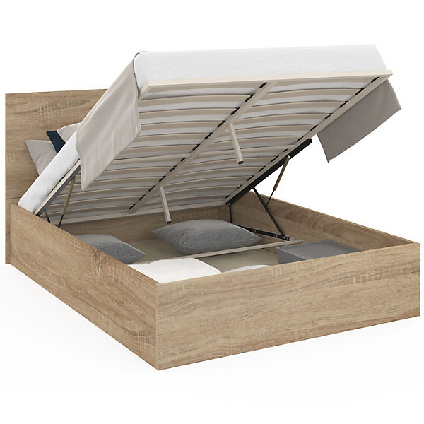 Lit coffre double SEASIDE avec tête de lit et sommier 140x190 cm façon hêtre