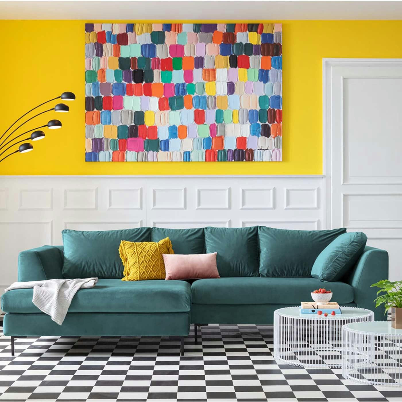 GIANNA - Canapé d'angle gauche 4 places en velours bleu-vert