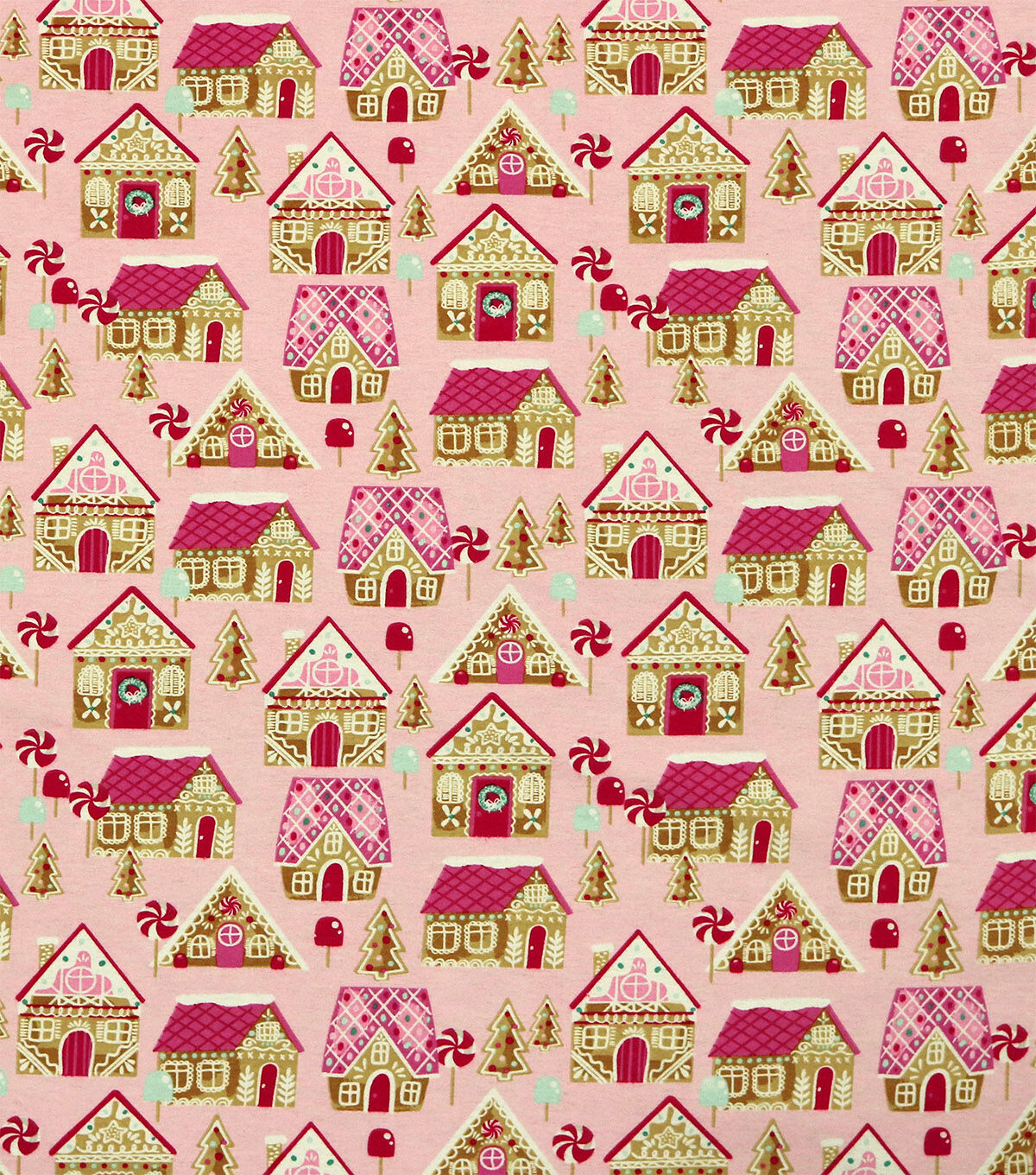 Gingerbread Houses & Trees Pink Super Snuggle Christmas Flannel Fabric