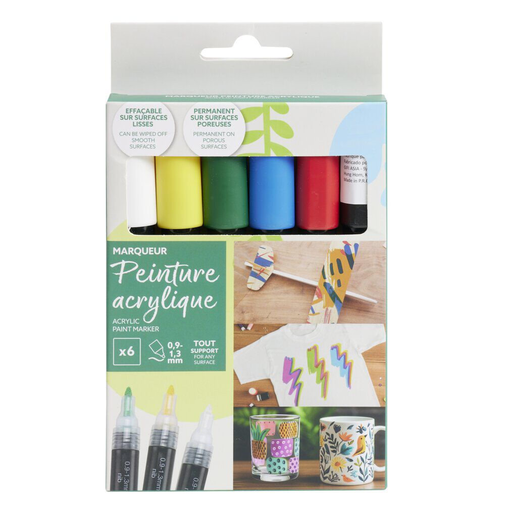 Marqueur permanent x6 peinture acrylique blanc/noir/rouge/bleu/vert/jaune