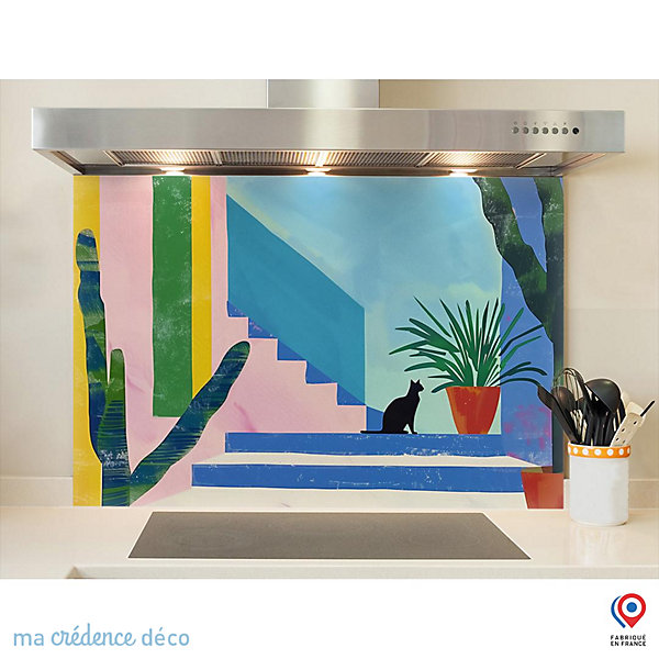 Crédence cuisine fond de hotteChat, cactus et couleurs, Peinture - Verre trempé - L 90 cm x H 60 cm - MaCrédenceDéco