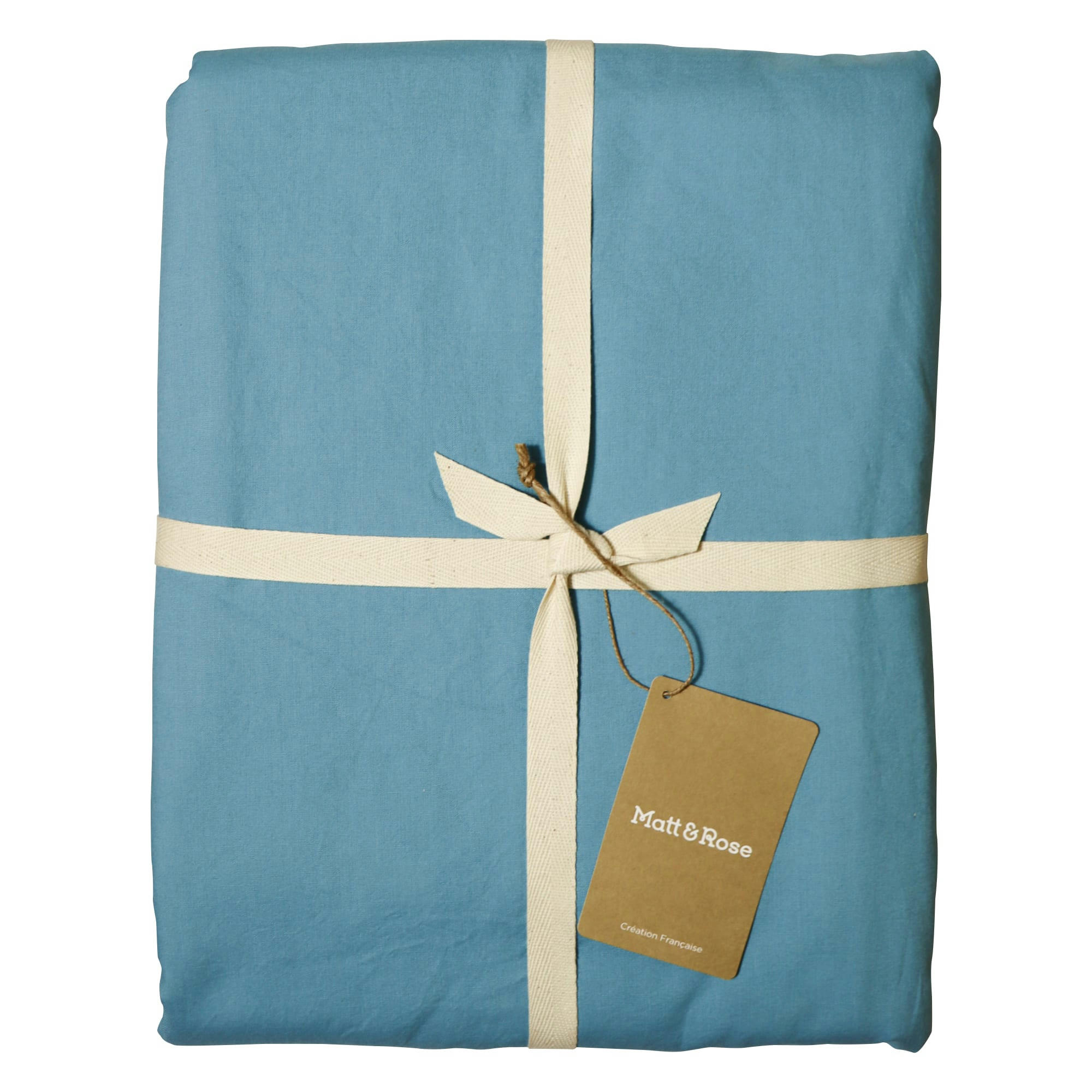 COTON LAVÉ - Drap-housse uni en coton lavé Bleu Glacier 160x200cm - Bonnet 30cm
