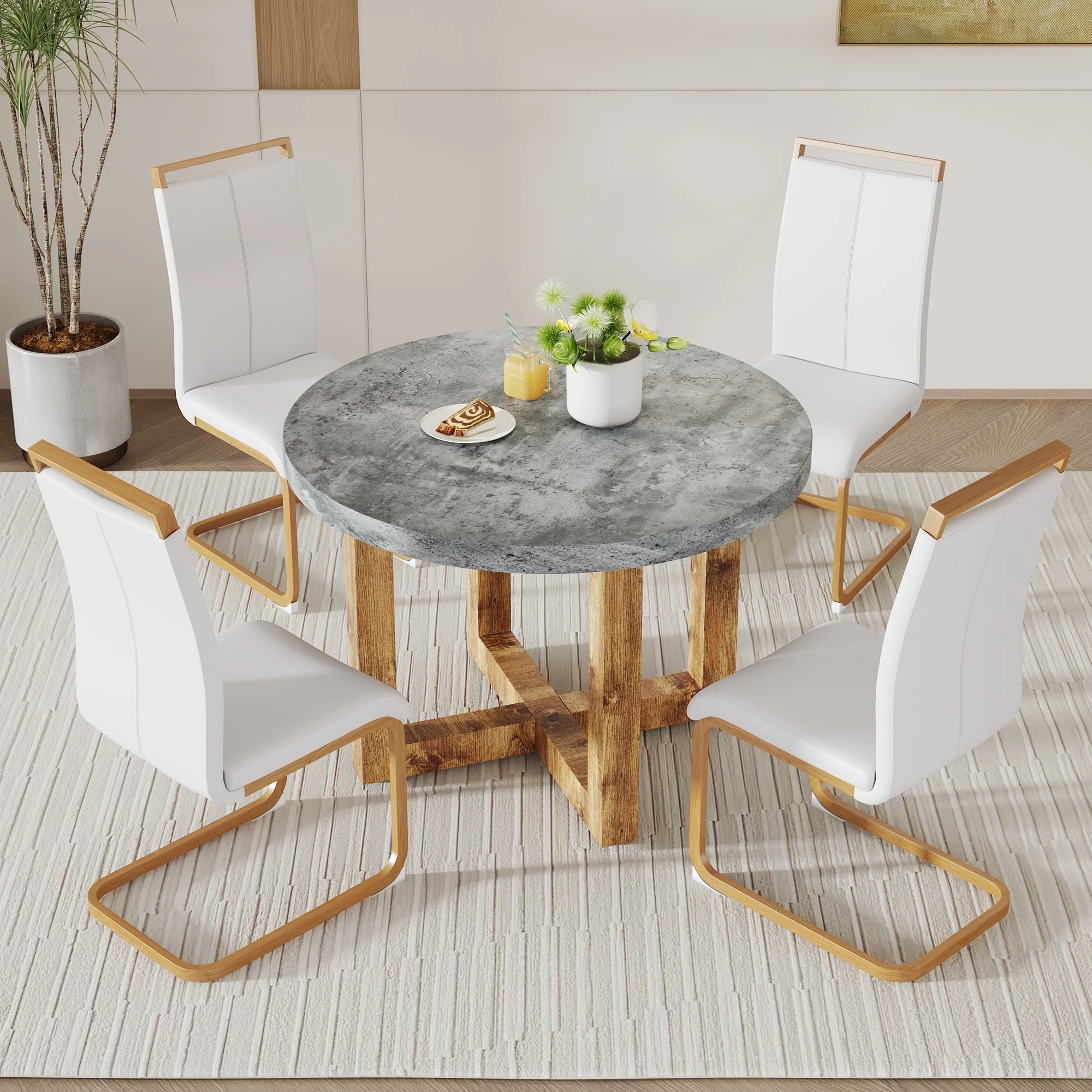 A modern and practical circular dining table. Made of MDF tabletop and wooden MDF table legs