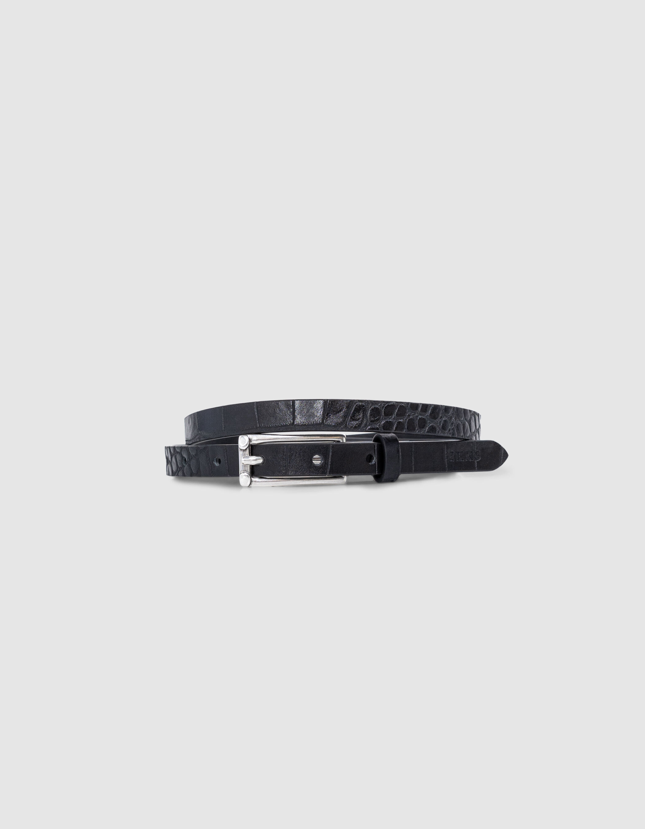 Ceinture fine noire cuir embossage croco Femme
