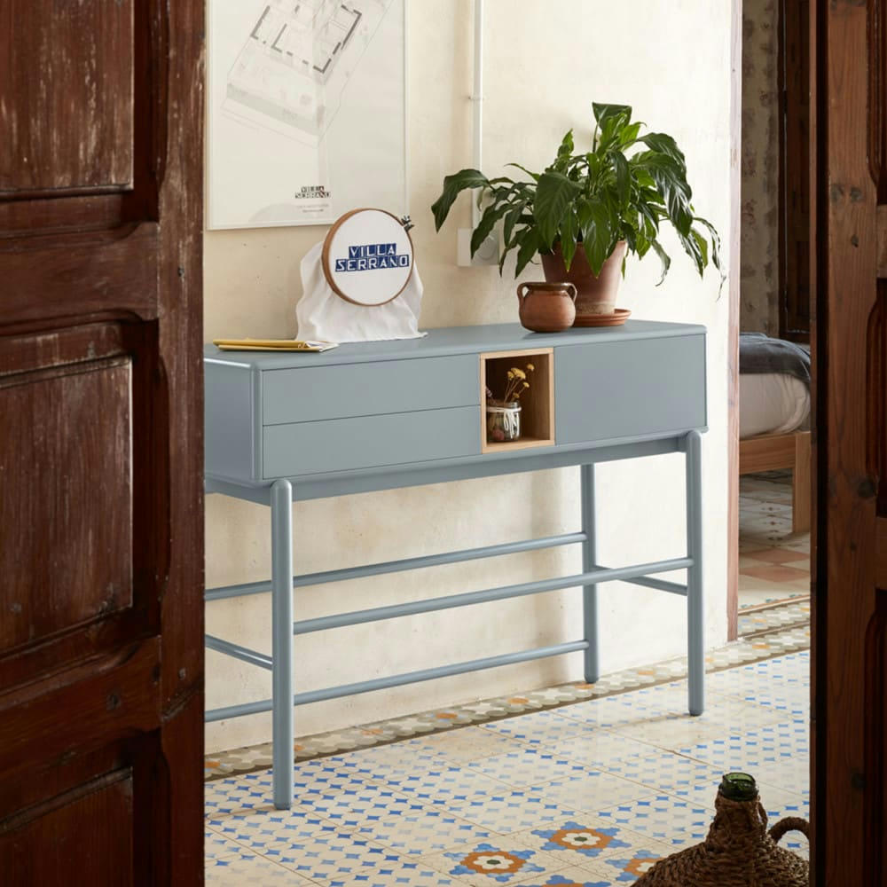 CORVO - Console 1 porte 2 tiroirs en bois L180cm gris clair