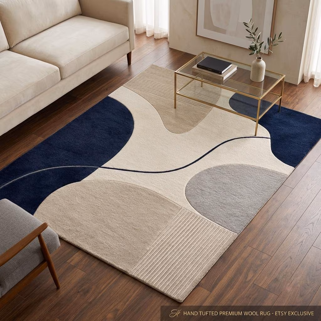 Navy Blue Cream Abstract Rug, Modern Geometric Hand Tufted Wool Area Rug, Contemporary Beige Carpet, Luxury Living Room Rug, Custom Size