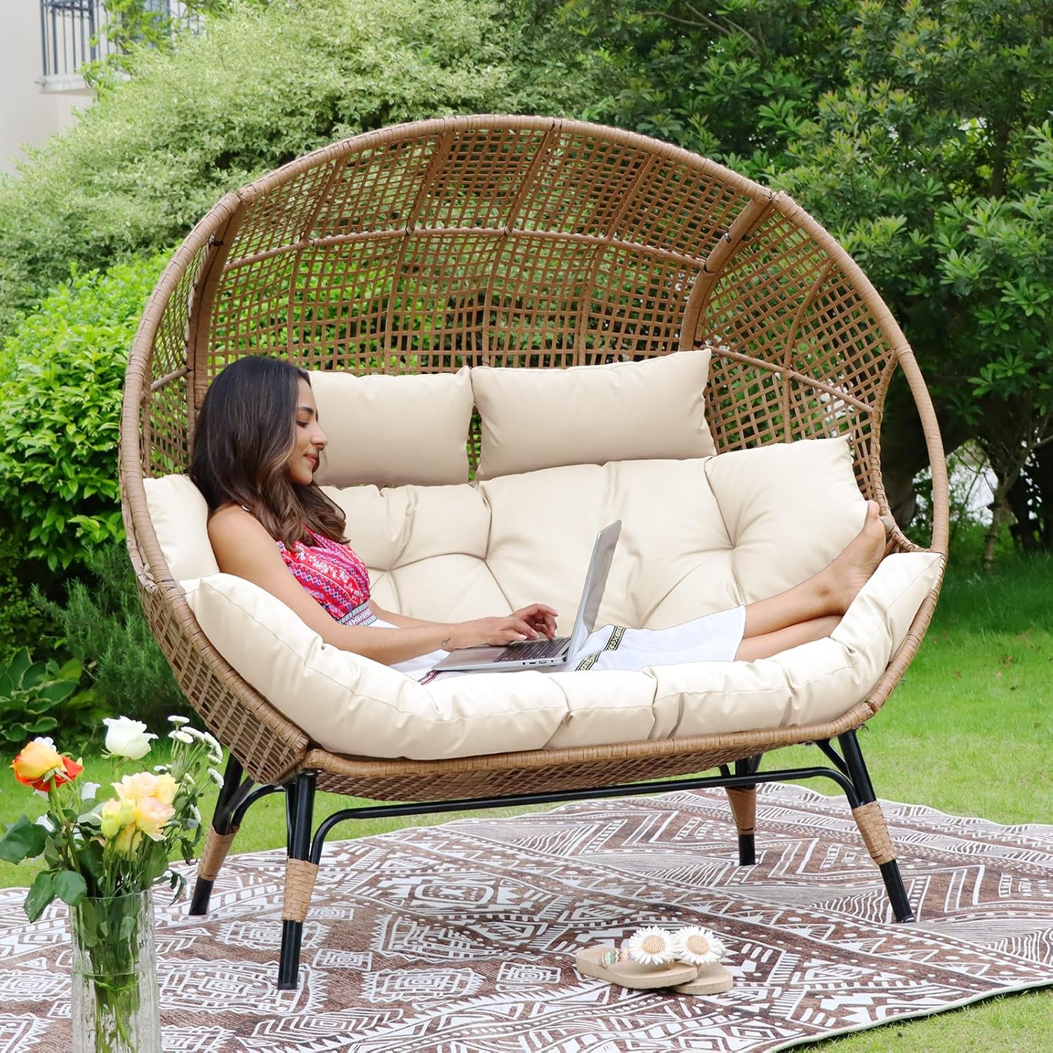 NICESOUL® Double Egg Chair Indoor Outdoor Stationary Oversized 6.5 Thick Padded Cushions 2 Person Egg Wicker Loveseat Chair 680 lbs Extra Large Lounge Chair for Patio Balcony Porch Backyard Beige