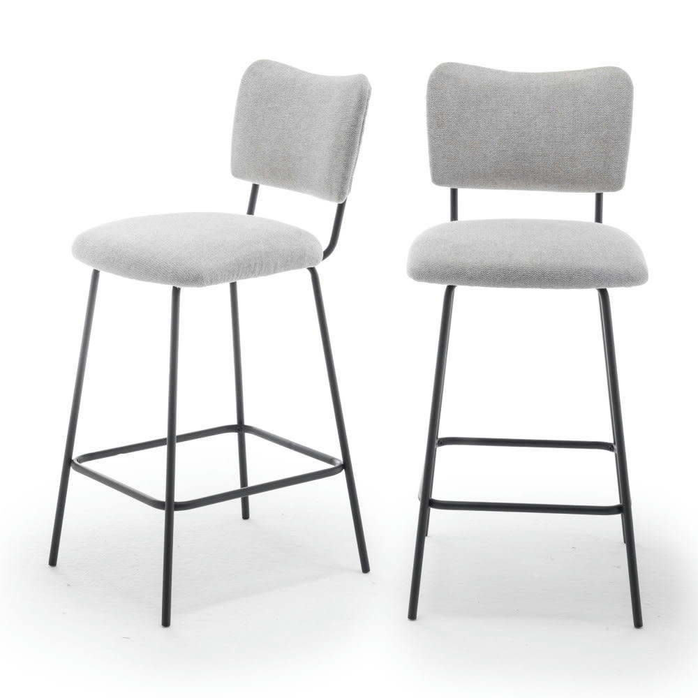 VANDER - Lot de 2 chaises de bar en tissu et métal 65cm gris clair