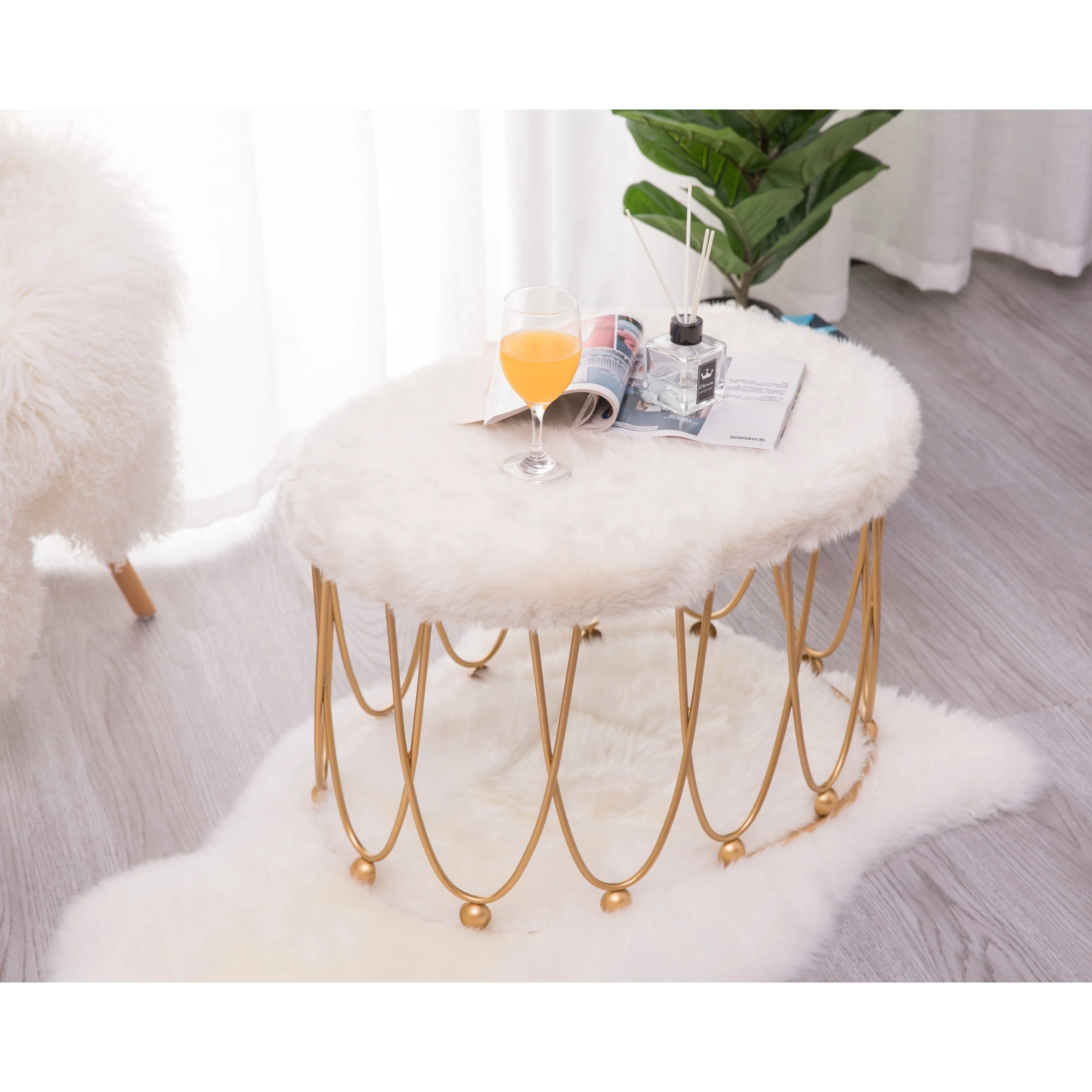 Set of 2 Gold Metal Side Accent Table Stools with White Faux Fur Top Seat