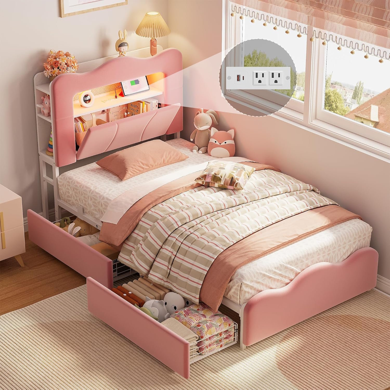 LIKIMIO Twin Upholstered LED Bed Frame with 2 Storage Drawers and Bookcase Storage Headboard, Velvet Princess Platform Bed with Charging Station, Heavy Duty Metal Support, No Box Spring Needed, Pink