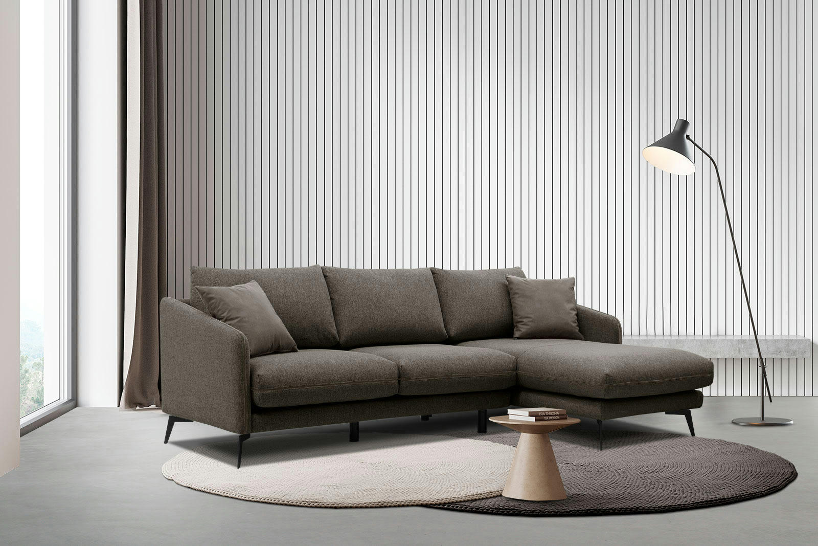 SOGEL - Canapé d'angle droit 4 places tissu marron