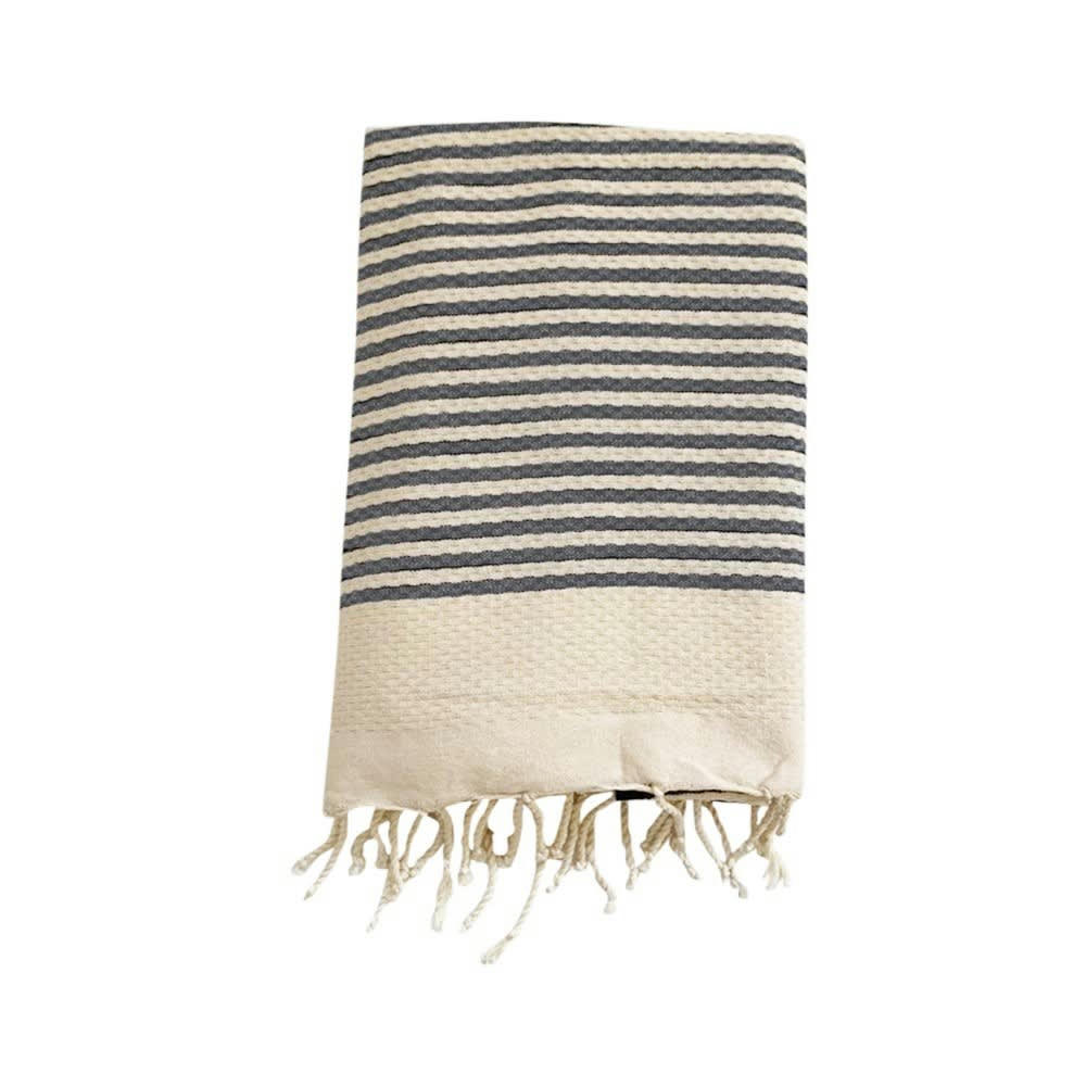 Nid d'abeille - Fouta rayée traditionnelle anthracite yadara grise 200 x 200