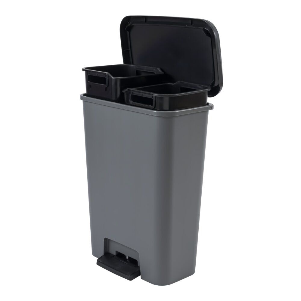 Poubelle de tri 2 compartiments 2x23L à pédale et rabat 48x29xH63cm grise et noire