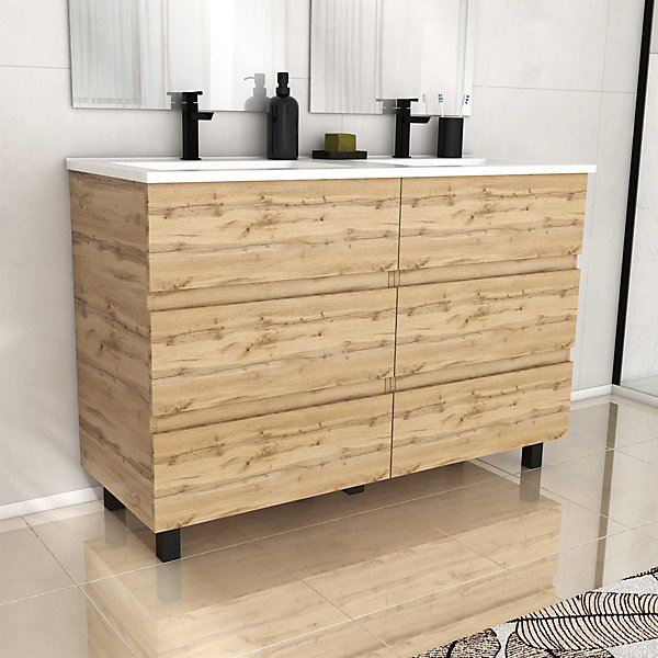 Ensemble sous vasque à poser effet chêne industriel 6 tiroirs   vasque double blanche, l.120 cm, Galedo Timber
