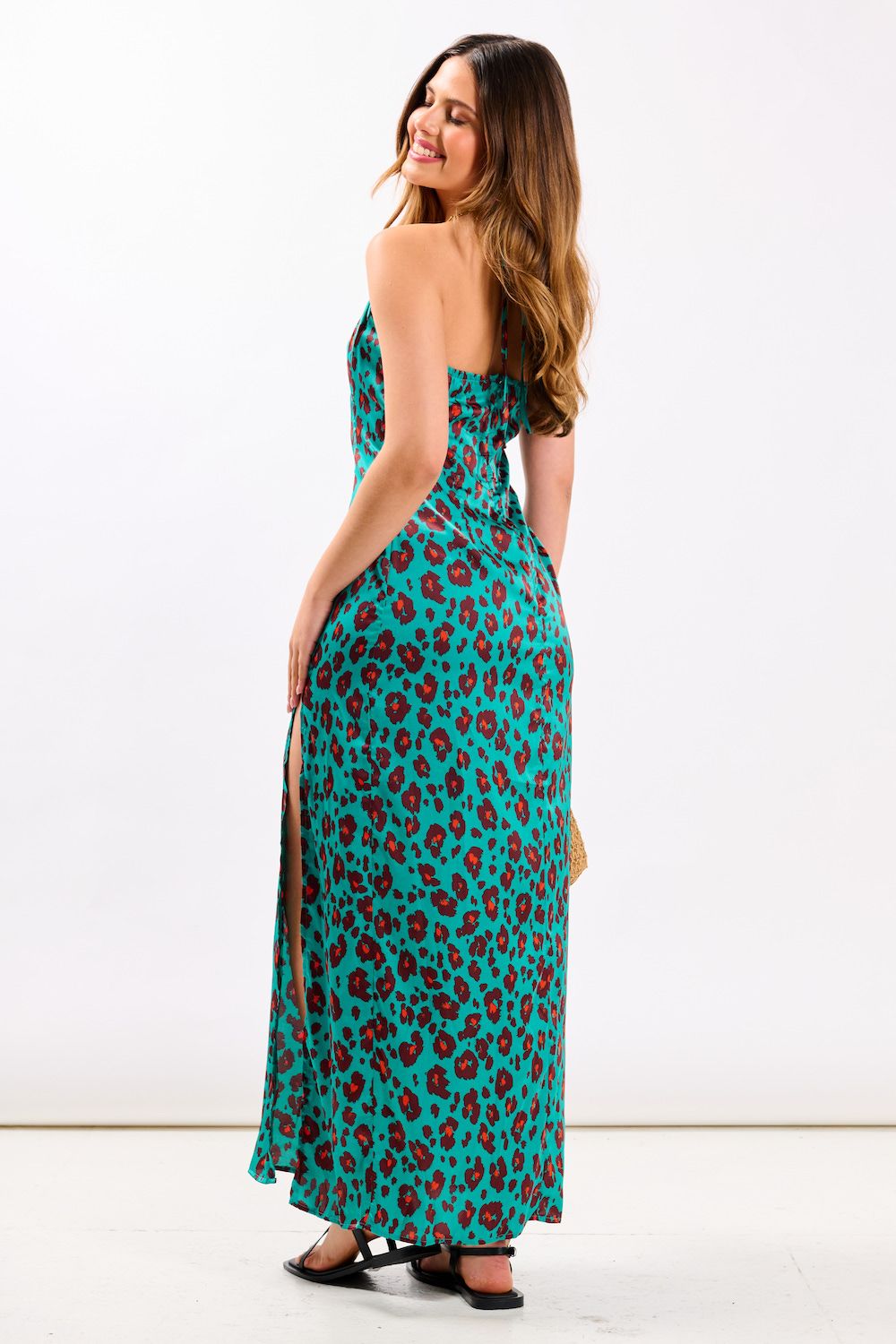 Needs No Label Green Leopard Ruched Bust Detail Maxi