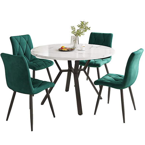 Ensemble repas 100x75 cm avec 4 chaises, plateau effet marbre MDF, structure métal noir et assises velours vert